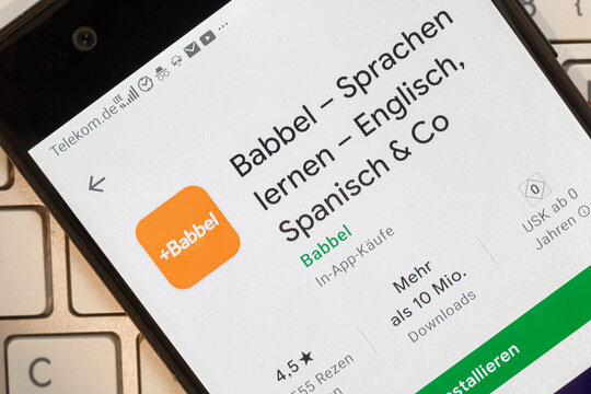 Neckargemuend, Germany: May 6, 2021: app icon of the language learning app Babbel in an app store on phone screen top view, Illustrative Editorial.