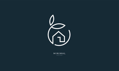 A line art icon logo of a house/home with a leaf circle