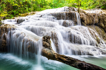 Obraz premium Waterfall and blue emerald water color in Erawan national park. Erawan Waterfall, Beautiful nature rock waterfall steps in tropical rainforest at Kanchanaburi province, Thailand