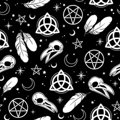seamless illustration depicting witchcraft and scandinavian patterns