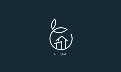 A line art icon logo of a house/home with a leaf circle