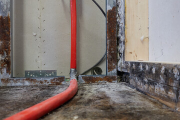 Drywall (Trockenbau) with rusty metal rails and red isolated water pipe. Mold and water stains on...