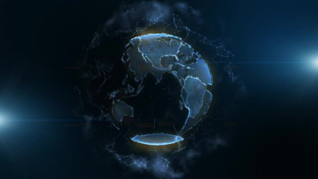 Blue earth digital technology, business and communications background. Animation of the Earth globe rotating with light bar and plexus particles. 3D rendering.
