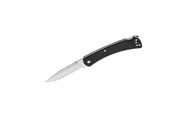 Pocket folding knife isolate on white back. Compact metal sharp knife with a folding blade.