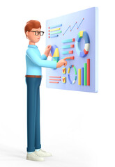 3D illustration of smiling man creating a dashboard and interacting with graphs. Businessman, successful investor with charts, infographics and data analysis. Digital marketing, investment.