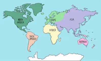 Handgezeichnete farbige Doodle-Weltkarte mit Kontinenten. Nord- und Südamerika, Europa, Asien, Australien, Afrika. © Анастасия Красавина