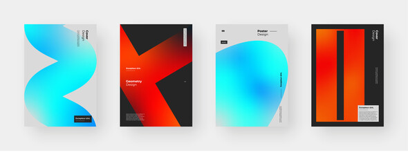 Abstract set Placards, Posters, Flyers, Banner Designs. Colorful gradient on vertical A4 format. Glass effect. Decorative neumorphism backdrop. Gradient glassmorphism shapes background