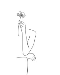 Line drawing woman with flower. - Vector illustration