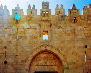 Jerusalem, Israel - 27 april 2021: Fragment of The Damascus Gate is one of the main Gates of the...