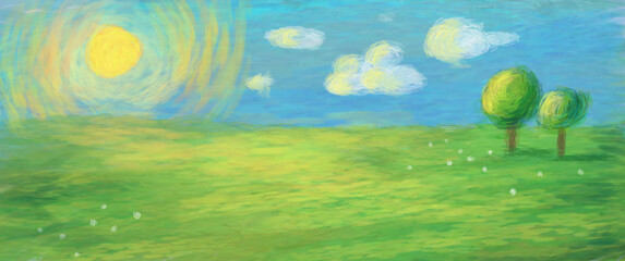 Hand drawn simple primitive bright illustration. Picture of a green meadow, blue sky, clouds, sun and green trees. Simple Primitive Drawing Style - 432198908