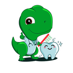vector illustration of a little t rex taking care of the teeth