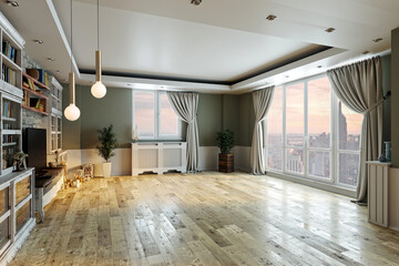 empty living room interior decoration wooden floor, stone wall concept. decorative background for home, office and hotel. 3D illustration