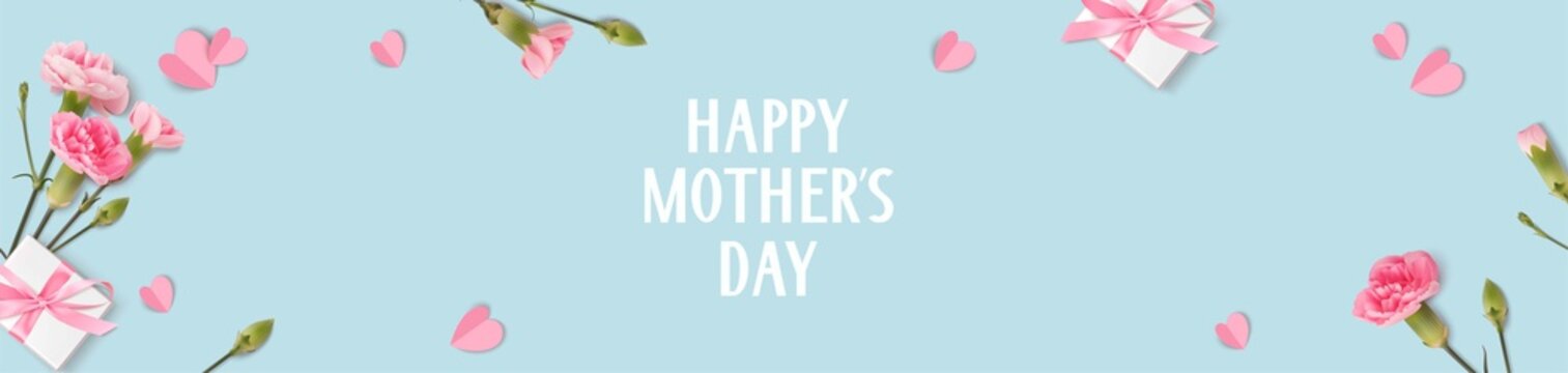 Happy Mothers day banner. Holiday design template with realistic pink carnation flowers, gift boxes and paper hearts on blue background. Flat lay. Vector stock illustration.