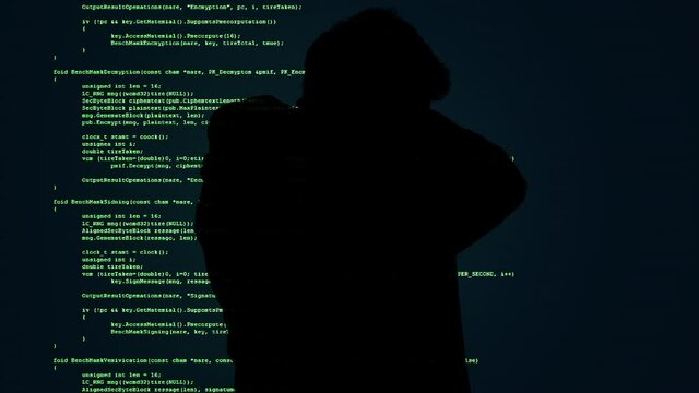 A man (as a black silhouette) walking in the frame (scrolling source code as background), stopping to hide his face under the hood before going on, but incognito.
