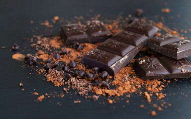 Broken chocolate bar pieces and cocoa powder on dark background