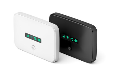 Two mobile wifi routers with different colors on white background - obrazy, fototapety, plakaty