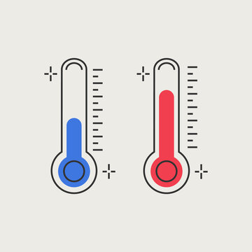 Thermometer hot and cold icon. Meteorological thermometers Celsius and Fahrenheit for measuring heat and cold. Vector illustration