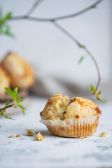 Savory cheese muffins on white table, spring background. Homemade salty muffins with herbs and bacon. Selective focus, copy space.