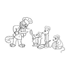 Cat chef is holding a large knife. little mice hold different kitchen utensils and listen to the chef. Coloring book page. isolated on white background