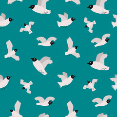 Seagulls pattern. Endless vector texture on blue background. Hand drawn illustration.