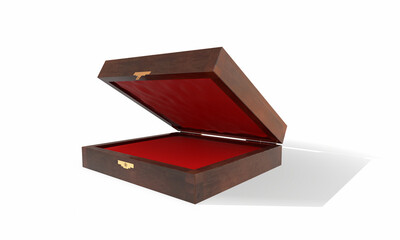 Opened square wooden box mockup, casket packaging. 3d rendering
