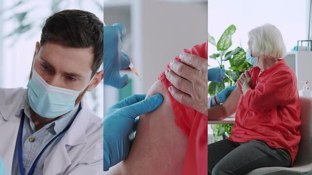 Multi-screen video of old caucasian woman in medical mask getting through coronavirus vaccination in hospital. Young doctor making vaccine for elderly patient.