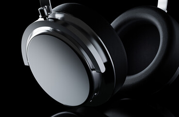 Headphones metal leather cups right moody dark closeup 3D rendering