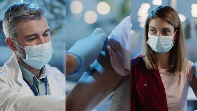 Multi-screen video of young blonde woman visiting caucasian doctor laboratory worker making vaccination against Covid-19 influenza virus. Concept for healthcare.