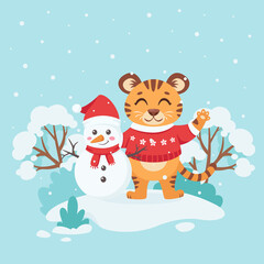 Cute tiger in a sweater with snowman wishes a Merry Christmas and Happy New Year 2022 on winter background. Year of the tiger. Vector illustration