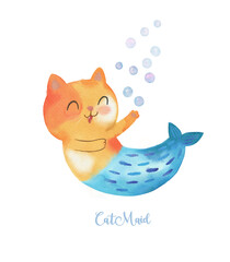 Cute Watercolor Meow-maid Purr-maid Cat Mermaid. Little Kitty Mermaid in a Kiddish Style