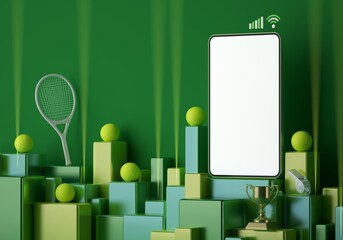 tennis live online from a smartphone. sport competition program. tennis game application. white screen mobile mock-up. sport online game. background copy space. 3d rendering