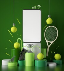 tennis live online from a smartphone. sport competition program. tennis game application. white screen mobile mock-up. sport online game. background copy space. 3d rendering