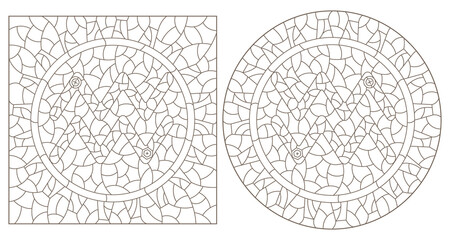Set of contour illustrations in the style of stained glass with the signs of the zodiac Aquarius, dark contours on a white background