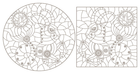 Fototapeta premium Set of contour illustrations in the style of stained glass with steam punk signs of the zodiac Capricorn, dark contours on a white background