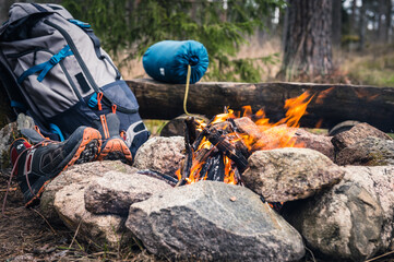 Hiking concept,rest in the woods by the fire