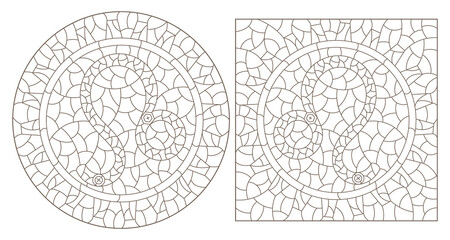 Set of contour illustrations in the style of stained glass with the signs of the zodiac Leo, dark contours on a white background