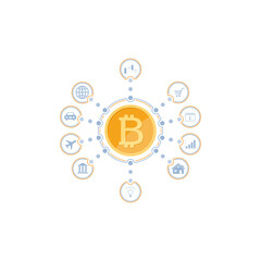 Bitcoin in the center of a circle of icons. Business and finance concept.