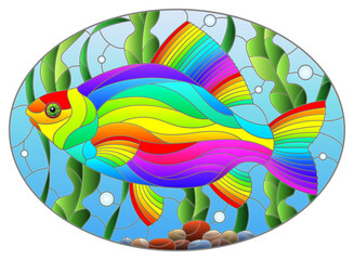 Illustration in stained glass style with an abstract rainbow crucian carp fish on a background of algae, air bubbles and water, oval image