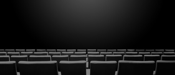 Cinema movie theatre with seats rows and a black background. Horizontal banner