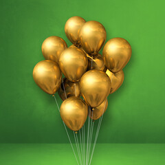 Gold balloons bunch on a green wall background