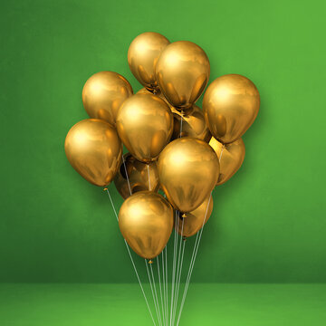 Gold Balloons Bunch On A Green Wall Background