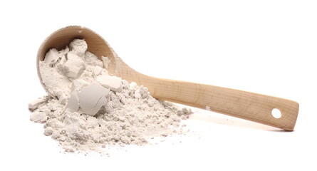Fototapeta na wymiar Rye flour pile with wooden spoon isolated on white background