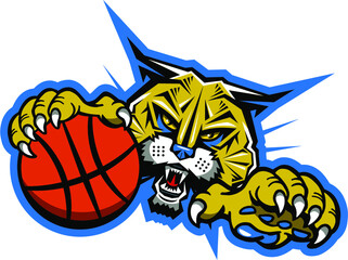 wildcat or bobcat basketball team mascot holding ball in claw for school, college or league