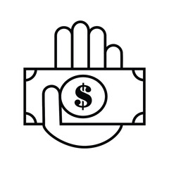 Thin line flat hand holding money icon on a white background. Royalty-free.