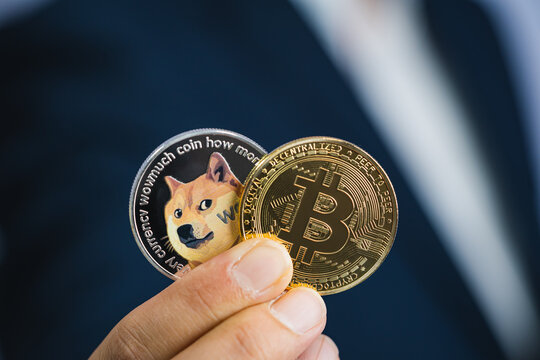 Golden bitcoin coin Dogecoin DOGE group included with Cryptocurrency on hand business man wearing a blue suit. Filed and put and give to me. Close up and Macro photography concept.