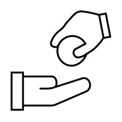 Thin line flat hands exchanging a coin icon on a white background. Royalty-free.