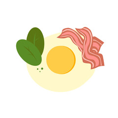 Fried egg with herbs and bacon in a skillet. Fried eggs. Bacon. Spinach. Isolated. vector illustration.