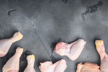 Fresh chicken meat cuts Farm poultry meat, on gray stone background, top view flat lay, with copy space for text