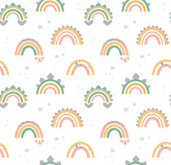 Cute rainbows in boho style, pastel colors. Vector seamless pattern on transparent background. Flat print with dinosaur decor elements and hearts. For wallpaper, packaging, textiles, etc