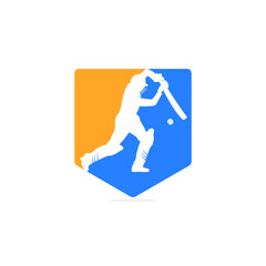 Batsman playing cricket. Cricket competition logo. Stylized cricketer character for website design with white background. Cricket championship.
